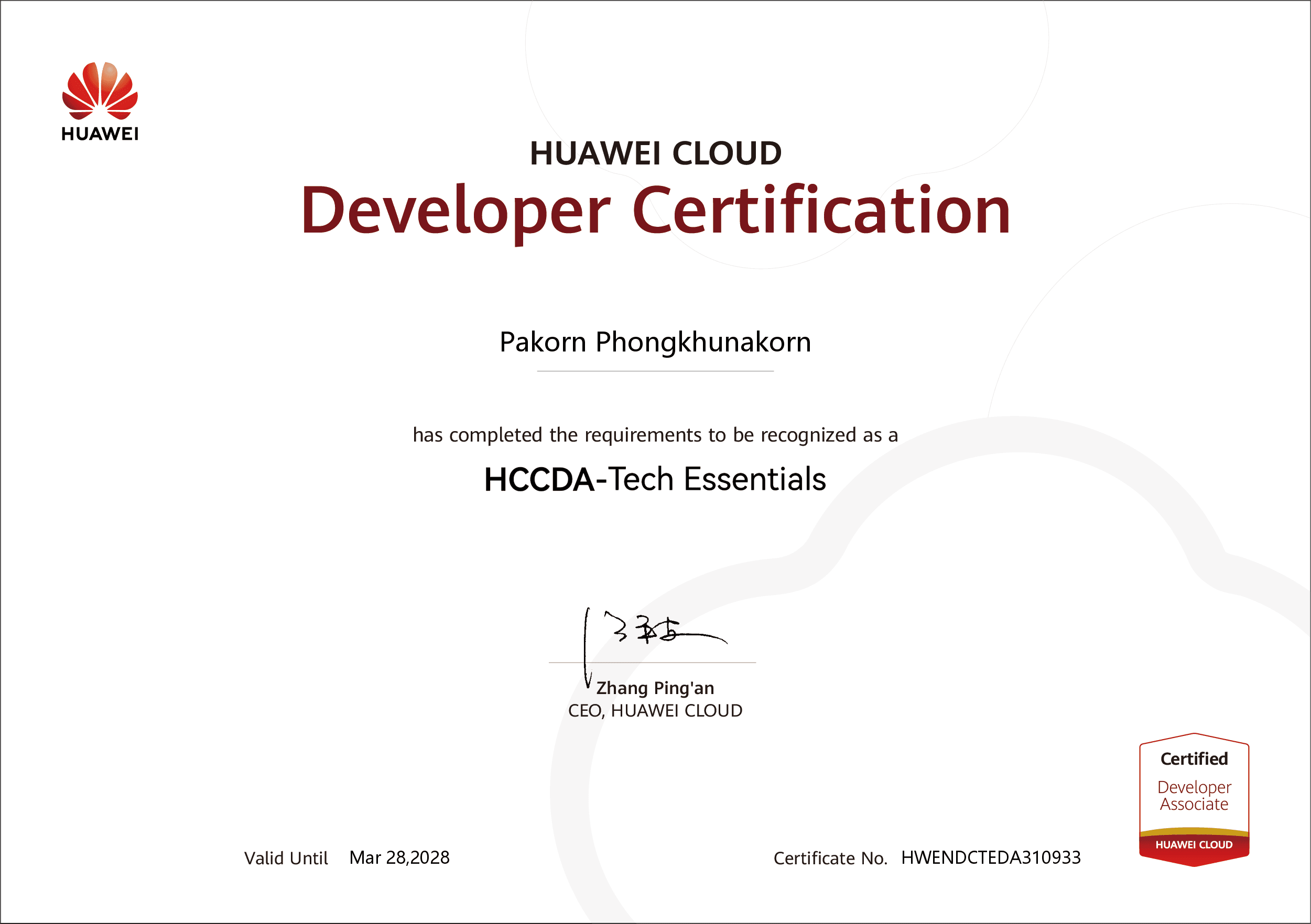 Huawei Cloud HCCDA-Tech Essentials Certificate